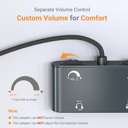 Cubilux 3.5mm Dual Headset Adapter with Volume Control, 1/8" to 2 TRRS Microphone Connector, Double Headphones Audio Splitter for 2 People Meeting, Recording, Online Training, Music Sharing