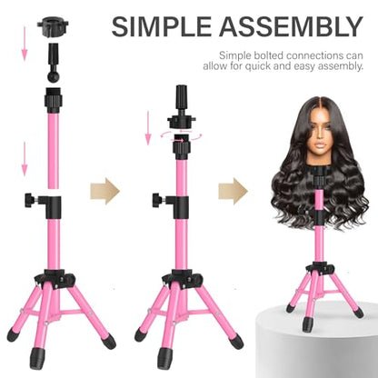ZQIAN BEAUTY 25 Inch Wig Stand Tripod, Adjustable Mannequin Head Stand, Wig Head Stand for Training Heads And Canvas Block Head (Pink, Mannequin Head Not Included) - color: Pink, size: 25 Inch