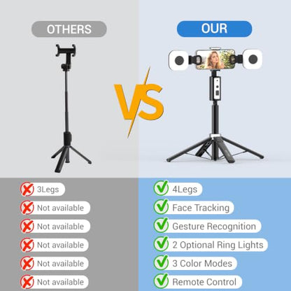 Auto Face Tracking Tripod for iPhone, Android & Camera, 60" Extendable Selfie Stick Tripod with Light and Remote, No App, 360° Rotation Phone Holder for TikTok, YouTube, Vlog, Live Streaming - style: update