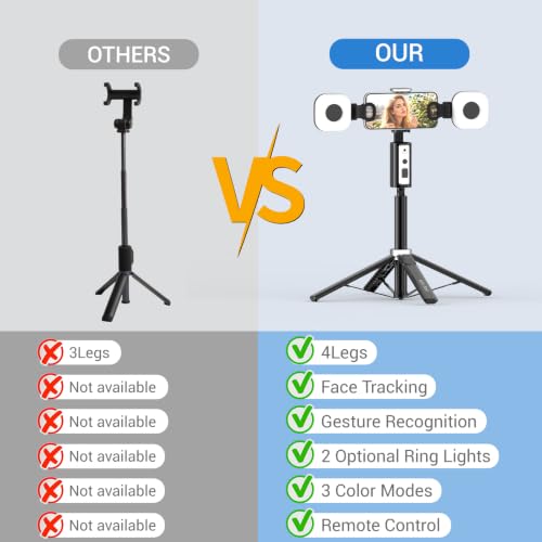 Auto Face Tracking Tripod for iPhone, Android & Camera, 60" Extendable Selfie Stick Tripod with Light and Remote, No App, 360° Rotation Phone Holder for TikTok, YouTube, Vlog, Live Streaming - style: update