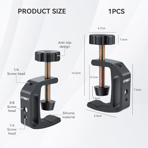 UTEBIT Universal C-Clamp for Desktop Mount Holder, with 1/4" & 3/8" Thread | 3.7"-5.7" Desk C-Clamp Aluminum Support Clamp for Desktop Mount Carts Benches Worktables, Black - size: 3.7-5.7 inch