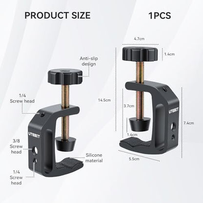 UTEBIT Universal C-Clamp for Desktop Mount Holder, with 1/4" & 3/8" Thread | 3.7"-5.7" Desk C-Clamp Aluminum Support Clamp for Desktop Mount Carts Benches Worktables, Black - size: 3.7-5.7 inch