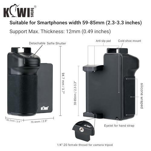 KIWIFOTOS Phone Camera Grip with Remote Shutter Cold Shoe Mount | Fits 2.3-3.3" phones inch. for iPhone 17 16 15 Pro S26 S25, vlog & selfie. Cold shoe for mic/light. 1/4" tripod thread. - color: Phone Camera Grip