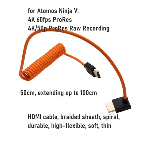 8K 4K High Speed ProRes Raw HDMI Cable for ATOMOS Ninja V Shinobi Ultra, Sony FX2 FX30, Canon C70 R1, S5ii G9 Z9 Camera Monitor Gimbal FEELWORLD Portkeys SmallHD, Up Angled, 50cm Spiral - size: Up Angled to Straight