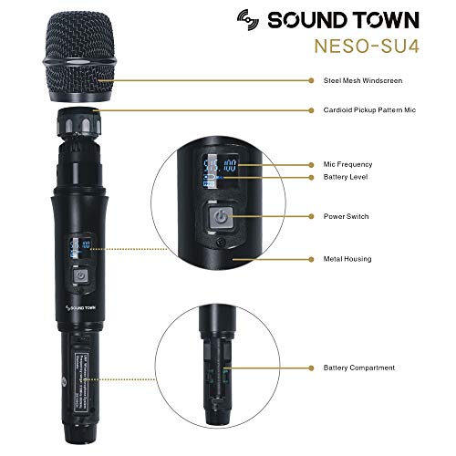 Sound Town 200 Channels Adjustable UHF Wireless Microphone System with Metal Receiver, 4 Handheld Mics and Auto Scan, for Church, School, Outdoor Wedding, Meeting, Party and Karaoke (NESO-SU4HH) - color: Gloss Black