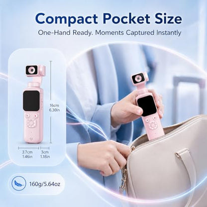 4K Vlogging Camera with 330° Rotating Lens & Face Tracking, Portable Pocket Digital Camera for YouTube TikTok with WiFi, Includes 16GB Card, Tripod & Carrying Bag, Pink - color: Pink