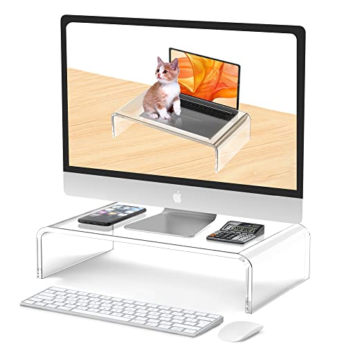 Acrylic Monitor Stand Riser Clear Laptop Stand Riser L14 xW7.5 xH4 | Compatible with All Notebooks and Monitor, Computer Stand for Desk Organizer, White Aesthetic Design, For Office Home iMac - size: 14''