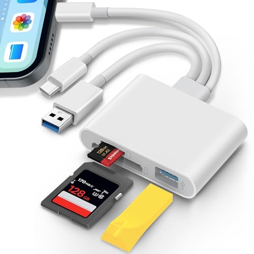 SD Card Reader for iPhone iPad Laptop 3-in-1 Connectors Memory Card Adapter with Dual Slots & USB Port Trail Game Camera Viewer for iPhone Mac MacBook Android Laptop White - size: Three USB-C Lightening USB-A plugs