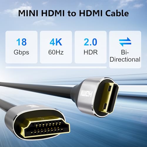 HDMI to Mini HDMI Cable 4 FT, High Speed HDMI to Mini HDMI Cable, Bi-Directional 2.0 Cord, 4K@60Hz, Compatible with Camera, Camcorder, Tablet and Graphics Card, Laptop, Raspberry Pi Zero W, Projector - size: 4FT