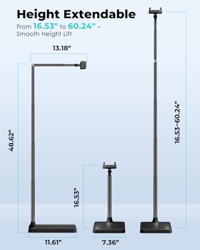 Viozon Tablet Floor Stand, Height & Angle Adjustable Tablet Holder with Aluminum Alloy Arm Tube, 360° Rotation for Bed, Sofa, Desk, Compatible with 3.5-11'' iPad Pro/Air/Mini, iPhone 15/14, Kindle，B - color: Black