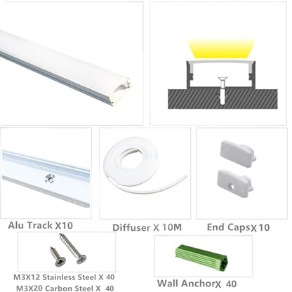 THMOOTHER LED Strip Pre-Drilled White U Channel Diffuser 10-Pack 3.28FT,Surface Mounted Tape Light Aluminum Track with Continuous Silicone Cover. Flush Installed Low Profile (White, 10X3.3FT) - color: White, size: 10X3.3FT