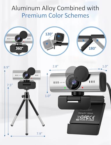 Webcam for PC, 4K Streaming Camera, Web Camera for Desktop/Laptop Computer Webcam with Microphone, Plug and Play USB Web Cam, Aluminum Alloy casing, for Live Streaming, Video Calls (Silver) - color: Silver