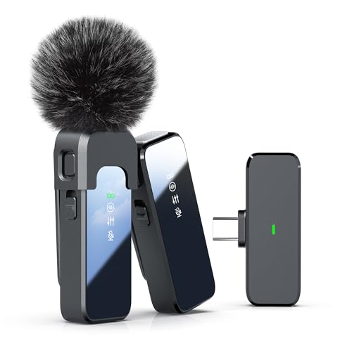Rythflo Wireless Lavalier Microphone for iPhone 15 & Android with Noise Cancellation, 100ft Transmission, 18H Battery Life, USB Type-C Wireless Lapel Microphone for Video Recording, Vlog, Streaming - color: Carbon black