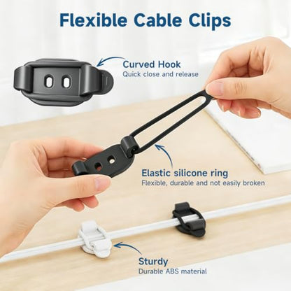 Adjustable Cable Management Clips, Self Adhesive Cord Organizer with Elastic Loop, Reusable Cable Holder for Desk, Under Desk, Wall, TV, Office, Home, Charging Cables, USB, HDMI, PC Wires (10)