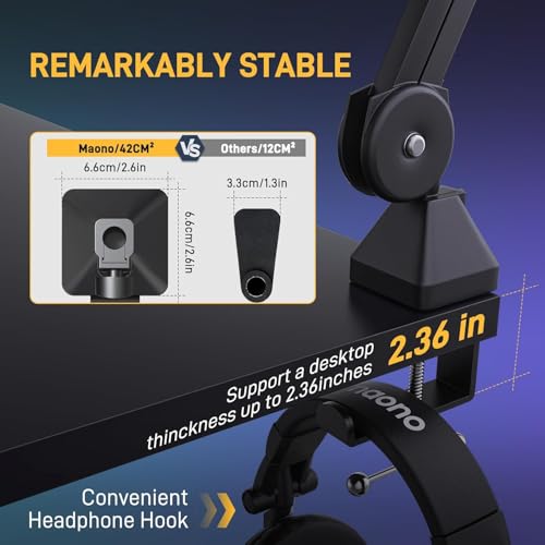 MAONO Microphone Boom Arm: Heavy Duty Adjustable Metal Suspension mic stand with Upgraded Desk Clamp and 3/8" to 5/8" Screw Adapter for Podcasting Recording Streaming Gaming - BA37