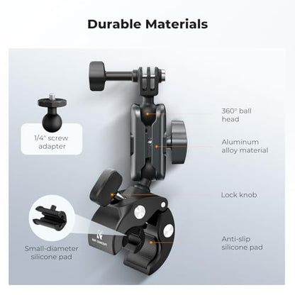 K&F CONCEPT Super Clamp Camera Mount with 360° Dual Ball Head, Bike/Motorcycle Handlebar Mount Compatible with DJI Action 6/5/4/3, Hero 13/12/11/10, 360 X5 X4 - style: Super Clamp with Phone Holder