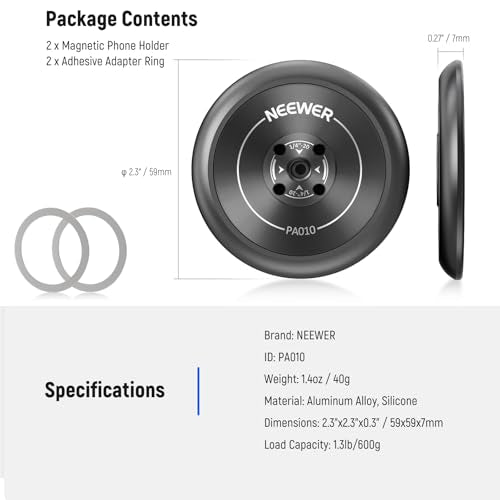 Neewer Magnetic Phone Tripod Mount Adapter with Adhesive Magnetic Ring 2 Pack Compatible with MagSafe iPhone 16 15 Pro Max Plus 14 13 12, 1/4" Thread for Video Recording Selfie Stick Ring Light, PA010 - style: PA010(2 Pack) w/Magnetic Ring