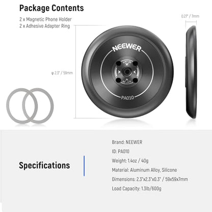 Neewer Magnetic Phone Tripod Mount Adapter with Adhesive Magnetic Ring 2 Pack Compatible with MagSafe iPhone 16 15 Pro Max Plus 14 13 12, 1/4" Thread for Video Recording Selfie Stick Ring Light, PA010 - style: PA010(2 Pack) w/Magnetic Ring