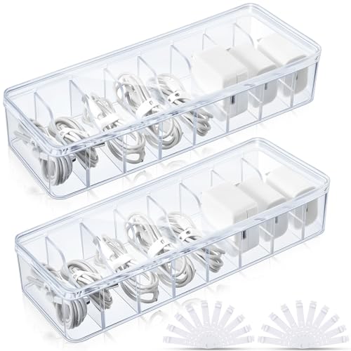 Tatuo 2 Pcs Cord Organizer for Drawer Desktop, Cable Organizer Box with 8 Compartments and Wire Ties, Plastic Charger Storage with Lid, Electronics Case for Home Office Accessories (Small,Clear) - color: Clear