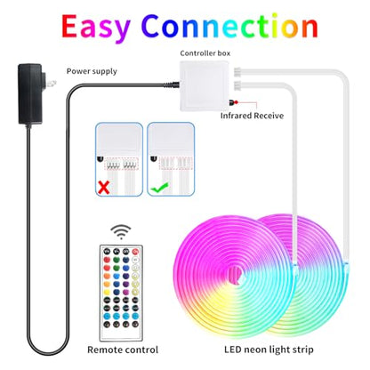 100FT RGB LED Neon Rope Lights,LED Neon Lights with Remote/APP Control,24V IP65 Waterproof Flexible Neon LED Strip Lights for Bedroom Room DIY Decoration（2 Rolls of 50ft with Snap &Screws） - size: 100FT