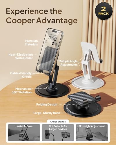 COOPER 360° Stand, [Gift Family Pack], Rotating Cell Phone Stand for Desk, Cell Phone Holder for Desk, iPhone Stand Holder, Sturdy Metal Base, Fits Samsung, Android Smartphones, (Black White, 2-Pack) - color: x2 Pack - White/Black