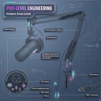 Gaming Microphone Set, USB & XLR Dynamic PC Mic for Streaming & Podcast, Computer RGB Mic Kit with Boom Arm, Mute Button & Headphone Jack, Cardioid Polar Pattern for Vocals, Voice-Over - color: Black