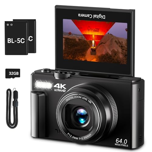 4K Digital Camera for Photography, 64MP Vlogging Camera for YouTube with 3" 180° Flip Screen, 18X Digital Zoom Point and Shoot Camara with 32GB Micro SD Card for Beginner (Black) - color: YL15-W08-C-Black