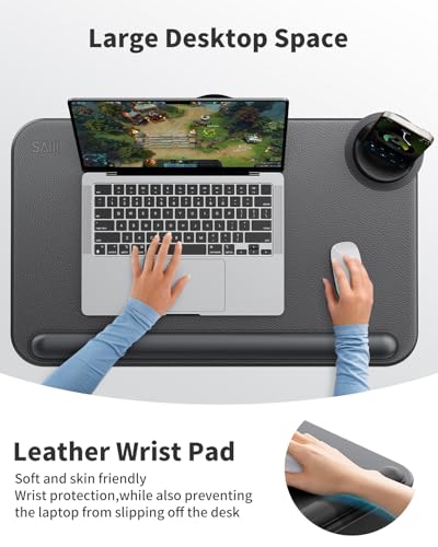 SAIJI Laptop Lap Desk - Fits Up to 17" Laptops, Lightweight Lap Tray Table Stand with Soft Leather Wrist Pad, External Monitor Holder, Lap Desk with Cushion for Home Office Working/Gaming On Couch - color: Deep Black