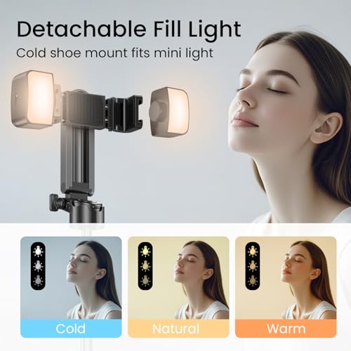 Selfie Stick Tripod with Fill Light & Bluetooth Remote | 3-in-1 portable selfie stick, tripod stand & fill light. Bluetooth remote, 360° rotation. Compact foldable design for travel - color: Black, style: Lighted model