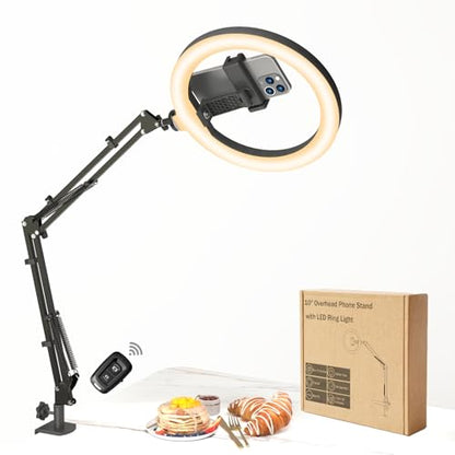 10" LED Ring Light with Overhead Phone Stand, CRI≥95 1200lm Dimmable Lighting, Adjustable Metal Arm with Remote & Phone Holder, for Streaming, Makeup, Zoom Calls, Photography