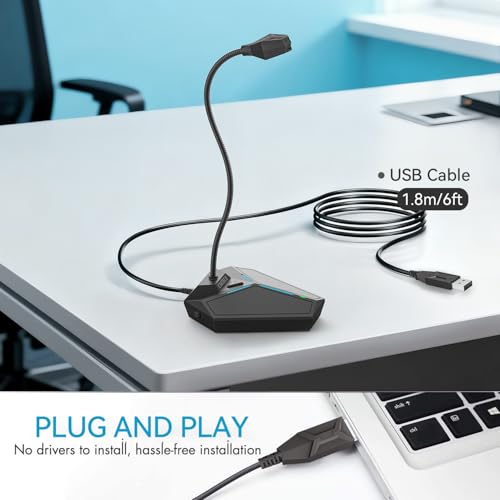 CMTECK USB Computer Microphone, Plug & Play Omnidirectional Desktop Mic for PC & Laptop, 360 Degree Adjustable Gooseneck, Mute Button with LED Indicator, Noise-Cancelling, Compatible with Windows/Mac - color: with mute button
