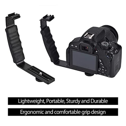 Camera Mount Flash Bracket, L Hot Shoe Mount Bracket Dual Hot Shoe Extension Heavy Duty Padded Hand Grip for Camera LED Light Microphone