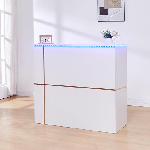 50" Reception Desk – Modern Front Desk with Lockable Drawer, Keyboard Tray, Storage Cabinet, Built-in Power Outlet, LED Lights & DIY Stripe – Ideal for Lobbies, Salons & Retail