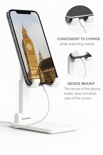 Cell Phone Stand for Desk, Adjustable iPhone Holder, Extendable Desktop Phone Stand, Portable Device Stand (White)