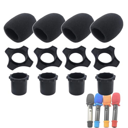 4 Set Black Wireless Handheld Microphone Protection Kit - Shakeproof Anti-Rolling Silicone Ring, Bottom Rod Sleeve Holder, Windscreen Foam Cover for KTV Mic Device - color: Black