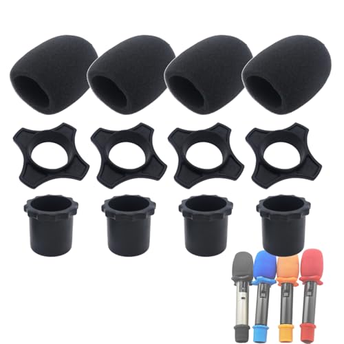 4 Set Black Wireless Handheld Microphone Protection Kit - Shakeproof Anti-Rolling Silicone Ring, Bottom Rod Sleeve Holder, Windscreen Foam Cover for KTV Mic Device - color: Black