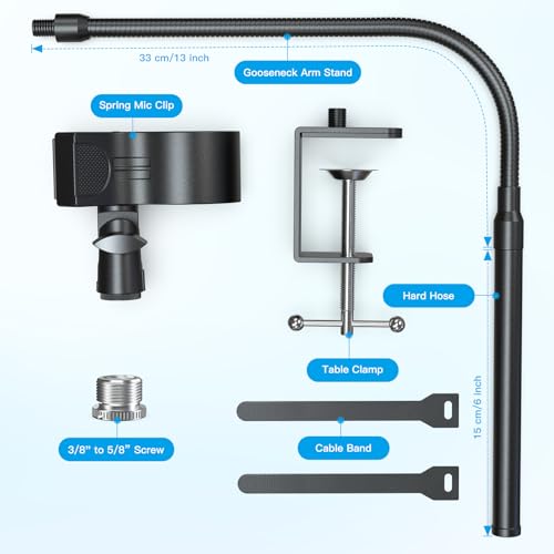 ZealSound Microphone Stand 19inch,Flexible Gooseneck Desktop Mic Stands,Upgraded Microphone Clip Holder for Mics with Outer Diameter 1.03" and 2.59",3/8" to 5/8" Screw Adapter for Blue Yeti and More