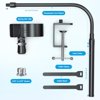 ZealSound Microphone Stand 19inch,Flexible Gooseneck Desktop Mic Stands,Upgraded Microphone Clip Holder for Mics with Outer Diameter 1.03" and 2.59",3/8" to 5/8" Screw Adapter for Blue Yeti and More