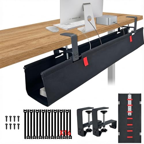 Under Desk Cable Management Tray – No Drill, 48" L x 6" W, Non-Scratch Silicone Clamps, 16 Cable Slots, Washable Honeycomb Base,Black - color: Black, size: Upgraded with Enhanced Features-48"L x 6.0"W