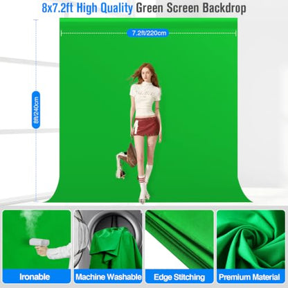 Green Screen Backdrop Kit with Stand, 8x7.2ft Green Background with Reverse Folding Base, Portable T-Shape Stand with 5 Spring Clamps, Sandbag, Carry Bag for Zoom, Streaming, Photography