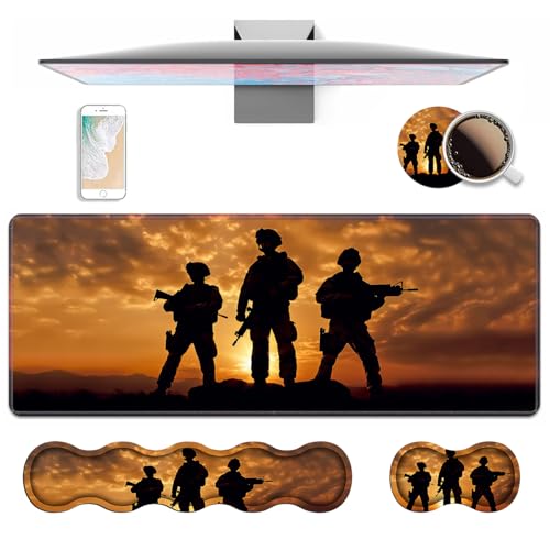 4 in 1 Ergonomic Keyboard Wrist Rest & Mouse Pad Wrist Rest Set, Large XXL Gaming Desk Mat 31.5"x 11.8" with Non-Slip Base, Memory Foam for Home Office Study Gaming, American Soldiers - color: American Soldiers