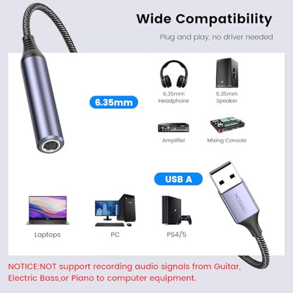MOSWAG USB to 1/4 Jack Audio Adapter, USB to 6.35mm Female Headphone Aux Adapter with External Sound Card Compatible with Laptop, PC, Amplifier, Speaker, 6.35mm Headphone (NOT for Recording and Mic)
