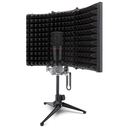 Pyle Compact Microphone Isolation Shield – Portable Studio Mic Sound Dampening Foam Reflector with Adjustable Panels, Acoustic Foam, Tabletop Tripod Stand for Recording & Podcasts