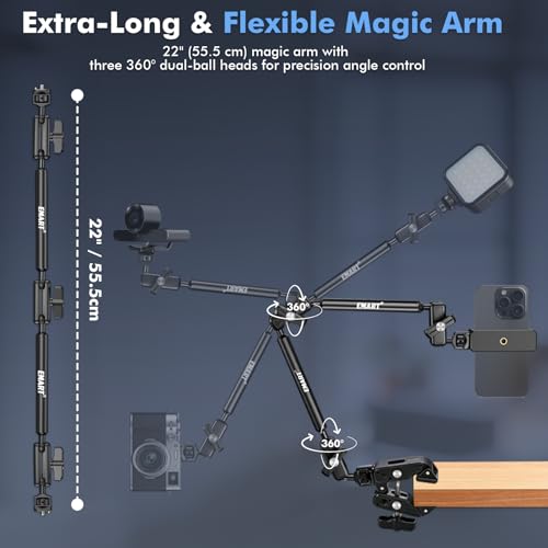 EMART 21" Magic Arm Clamp Kit with Super Clamp, 1/4" 3/8" Threads for ARRI, Flexible Camera Desk Mount, Adjustable Articulating Boom Arm for Webcam/Mic/Action Camera/Phone/Video Light