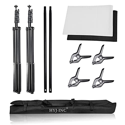 HYJ-INC Photo Background Support System with 8.5 x 10ft Backdrop Stand Kit, 100% Cotton Muslin Backdrop (White Black),Clamp, Carry Bag for Photography Video Studio