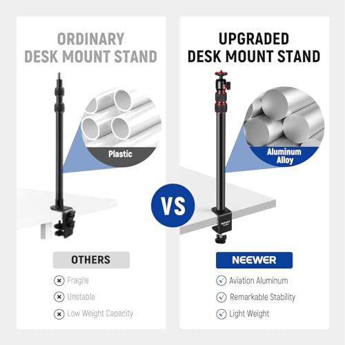NEEWER Camera Desk Mount with Holder & 360° Ball Head, 17"-40"/43-102cm Telescopic C Clamp Table Light Stand 1/4" Screw, Desktop Stand 6.6lb/3kg Max Load for DSLR Camera, Webcam, Ring Light,TL283 - style: TL283 Red w/Phone Holder