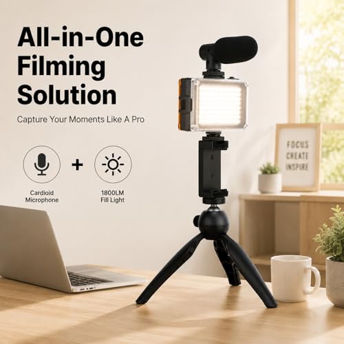 Portable Mobile Phone Photography Kit with Fill Light Microphone Tripod Red - Compact Vlogging Microphone Kit, Recording Equipment for Content Creator and Live Streaming (Black)
