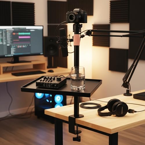 Extendable Camera Desk Mount Stand, Detachable Tray Clamp-on Shelf Tabletop C-Clamp 1/4" Screw Ball Head Steel Bracket for DSLR Camera, Ring Light, Live Stream, Vlog, Online Teaching,Photography - style: Clamp Stand + Tray