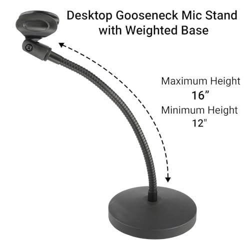 Desktop Gooseneck Microphone Stand with 12″ Flexible Arm, Heavy Die‑Cast Weighted Base, Mic Clip & 3/8″–5/8″ Adapter – Ideal for Podcasting, Streaming & Broadcast - size: 12 inch