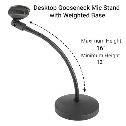 Desktop Gooseneck Microphone Stand with 12″ Flexible Arm, Heavy Die‑Cast Weighted Base, Mic Clip & 3/8″–5/8″ Adapter – Ideal for Podcasting, Streaming & Broadcast - size: 12 inch
